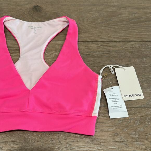YEAR OF OURS Hot Pink White Racer V Neck Active Workout Gym Sports Bra Size S - Picture 4 of 9